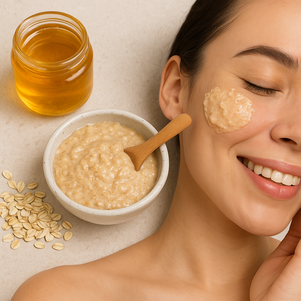 Homemade face scrub for dry skin using oats and honey in a bowl